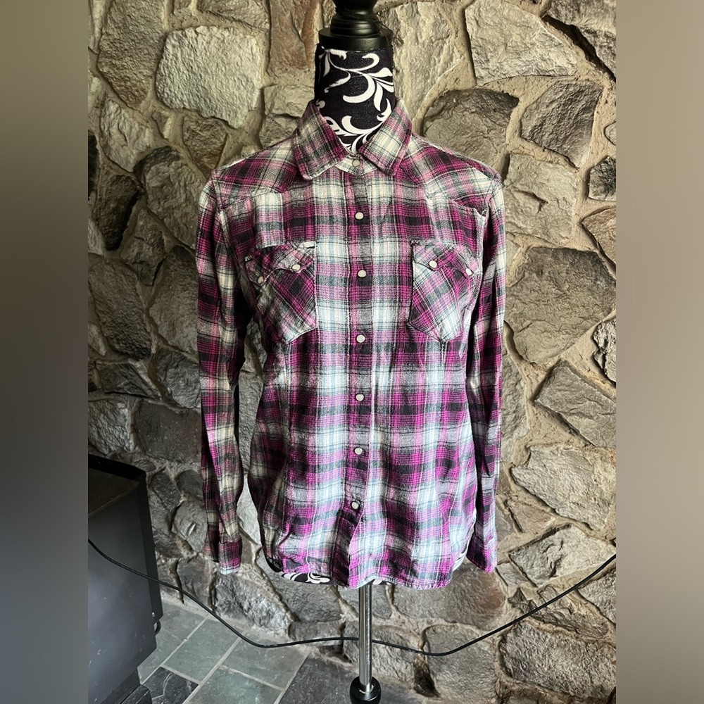 Schmidt Purple, Black, White Plaid Flannel M